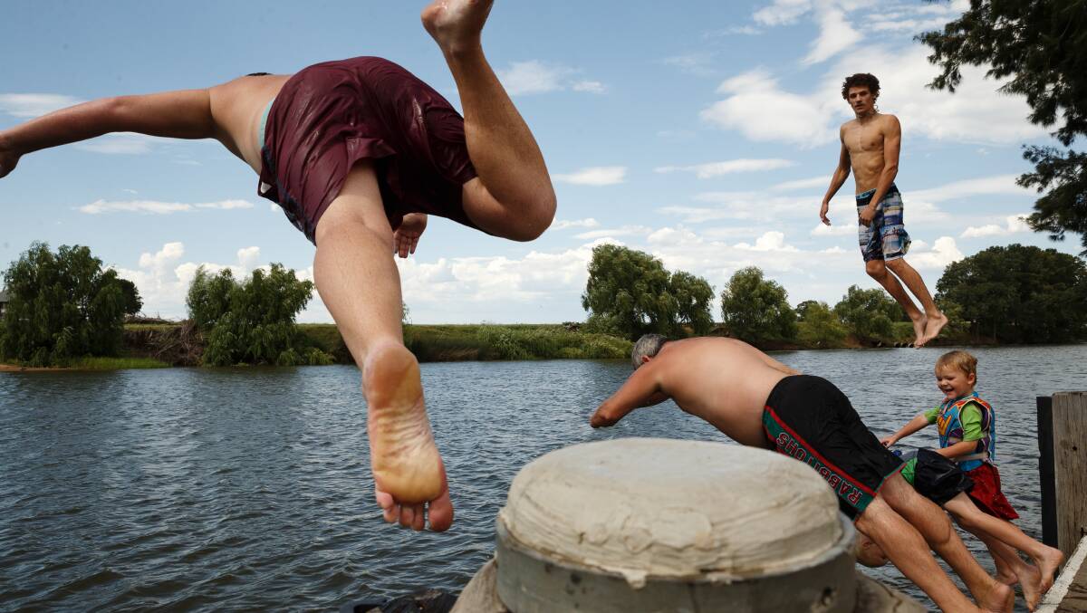 COOL OFF: A family of bathers dive into the Hunter River at Morpeth at the end of January. Picture by Max Mason Hubers