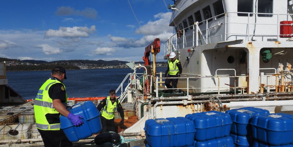 BUSTED: The former whaling boat, Kaiyo Maru No. 8, allegedly carrying 186 kilograms of cocaine, worth $60 million, was linked to a botched operation with ties to Port Fairy. Picture: Australian Federal Police