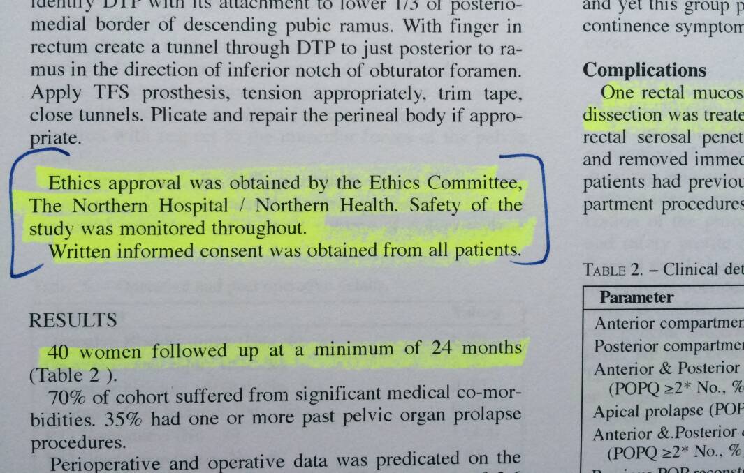 Concerns: A section of the research paper stating the Northern Hospital trial of TFS pelvic mesh had ethics committee approval. Northern Health says it has no record of ethics committee approval.