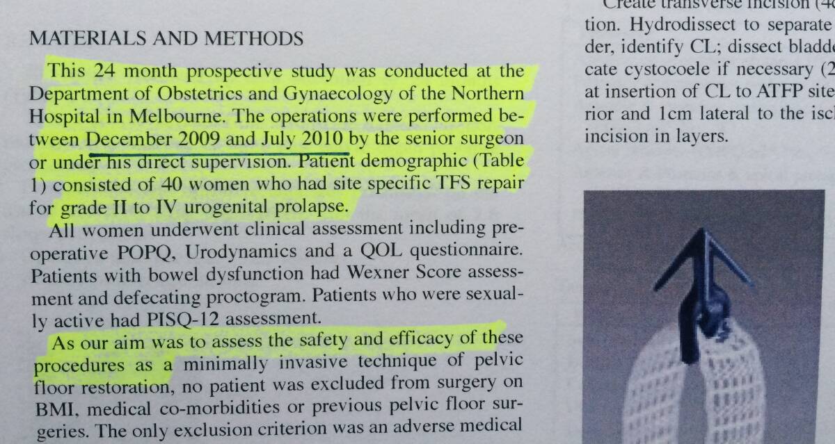 Published: A section of the research paper showing the period of the trial, the aim, and a photo of one of the anchors that are a feature of the TFS pelvic mesh device.