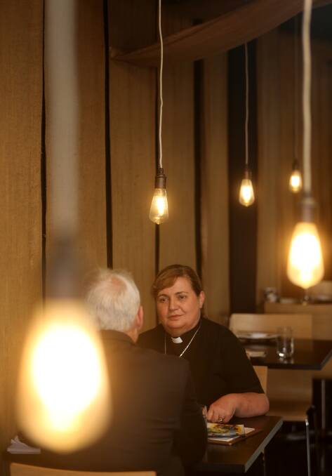 REFLECTION: The Very Reverend Katherine Bowyer, the first female Dean of Newcastle, at lunch with Scott Bevan at Nagisa Japanese restaurant. Pictures: Marina Neil