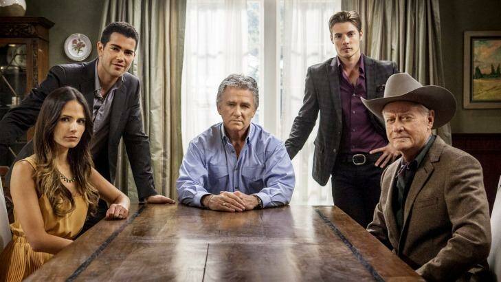 New and old faces: (from left)  Jordana Brewster as Elena Ramos, Jesse Metcalfe as Christopher Ewing, Patrick Duffy as Bobby Ewing, Josh Henderson as John Ross Ewing and Larry Hagman as JR Ewing.
