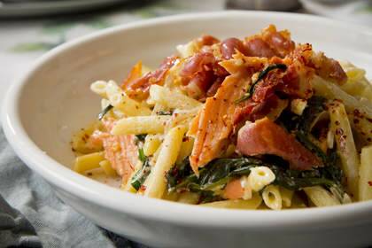 Pennette with smoked trout, creme fraiche, spinach and pancetta.