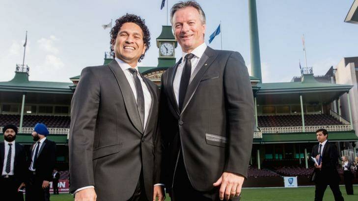 Two of the greats: Sachin Tendulkar and Steve Waugh at the Bradman Foundation dinner on Wednesday night. Photo: Cole Bennetts