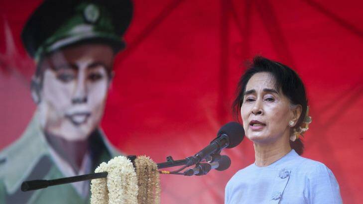 Myanmar pro-democracy leader Aung San Suu Kyi at a rally on Sunday. Photo: Ye Aung Thu