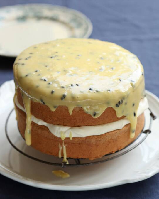 Sponge cake with passionfruit icing <a href="http://www.goodfood.com.au/good-food/cook/recipe/sponge-cake-with-passionfruit-icing-20111018-29wyv.html"><b>(RECIPE HERE).</b></a> Photo: Marina Oliphant