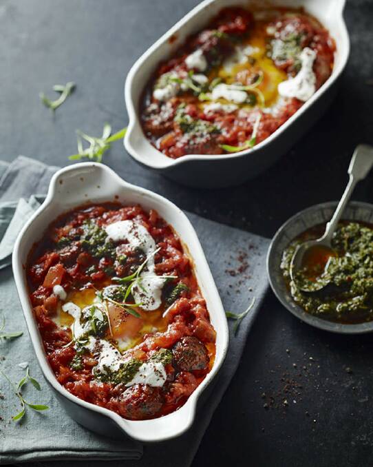 Pete Evans's baked eggs with lamb kofta <a href="http://www.goodfood.com.au/good-food/cook/recipe/baked-eggs-with-lamb-kofta-20140415-36omh.html"><b>(recipe here).</b></a> Photo: Supplied