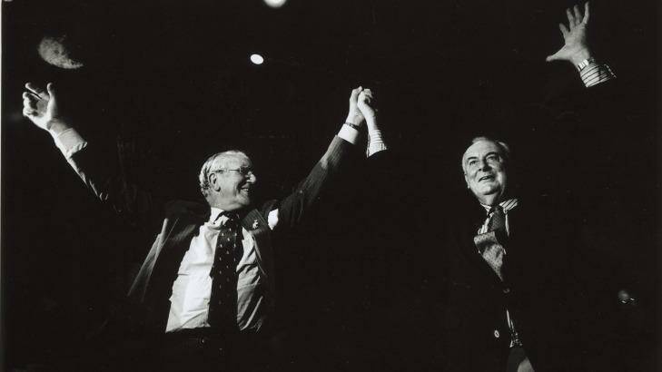 Malcolm Fraser and Gough Whitlam rally against the concentration of media ownership in 1991.  Photo: Steven Siewert