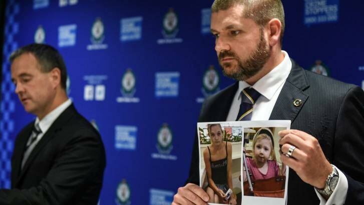 NSW and SA investigators show a photo of Karlie Jade Pearce-Steven and her daughter Khandalyce Kiara Pearce. Photo: Brendan Esposito