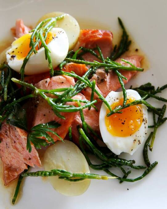 Smoked trout with salty samphire and soft-boiled egg <a href="http://www.goodfood.com.au/good-food/cook/recipe/smoked-trout-with-samphire-and-softboiled-egg-20130314-2g2nq.html"><b>(RECIPE HERE).</b></a> Photo: Edwina Pickles