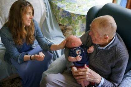 John Morison greets great grandson Will with granddaughter Jodie on his 90th birthday last year. Photo: Morison family