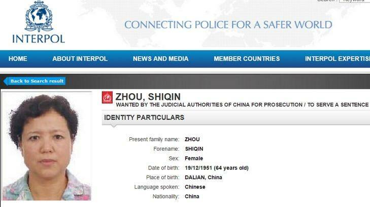 Melbourne grandmother Zhou Shiqin is one of China's most wanted Photo: Interpol