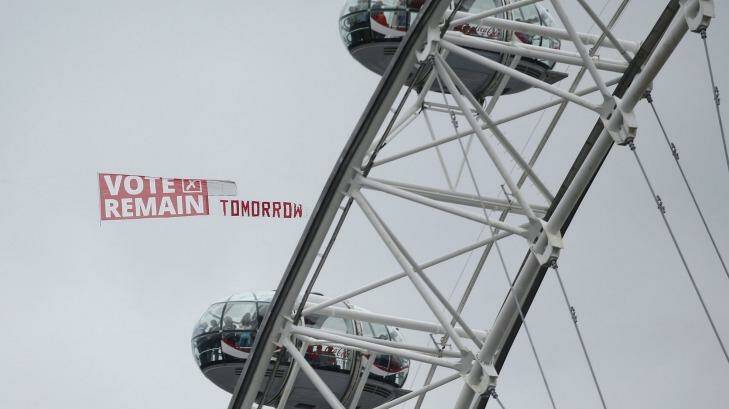 A pro-EU banner being towed across London on Wednesday. Photo: Alastair Grant/AP