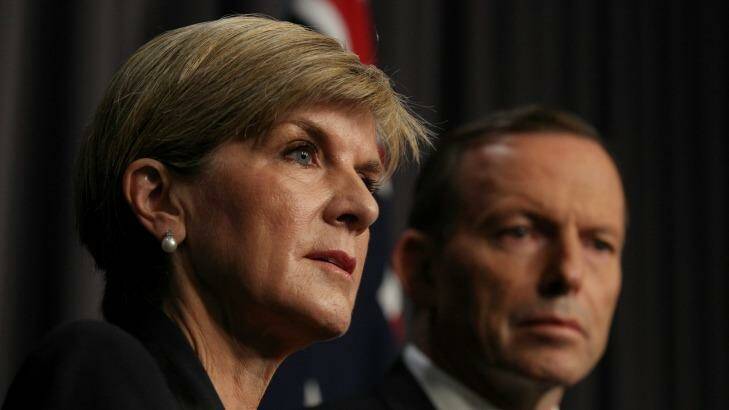 Foreign Affairs Minister Julie Bishop and Prime Minister Tony Abbott address the media after the executions of Andrew Chan and Myuran Sukumaran. Photo: Alex Ellinghausen
