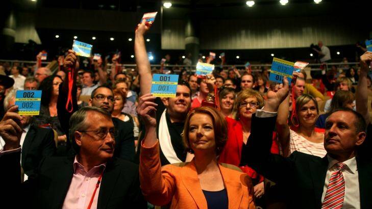 Then prime minister Julia Gillard voting for the sale of uranium to India at the Australian Labor Party National Conference in 2011. Photo: Dean Sewell