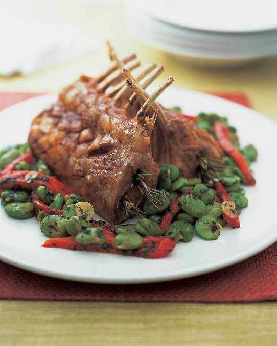 Rosemary-smoked lamb rack with minted broad beans <a href="http://www.goodfood.com.au/good-food/cook/recipe/rosemarysmoked-lamb-rack-with-minted-broad-beans-20131031-2wiis.html"><b>(recipe here).</b></a>