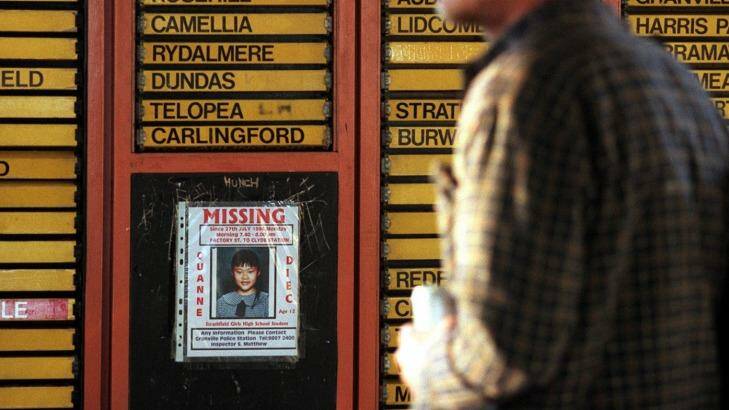A poster of missing school girl Quanne Diec at a Sydney train station in 1998. Photo: Dean Sewell