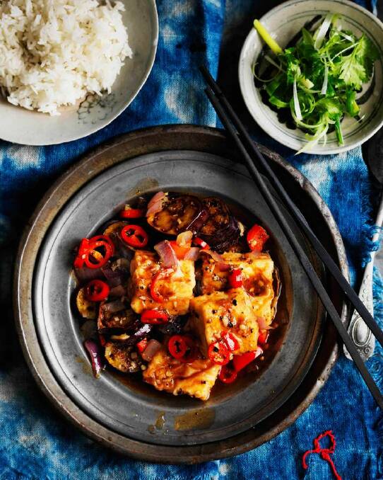 Neil Perry's black pepper tofu with eggplant <a href="http://www.goodfood.com.au/good-food/cook/recipe/black-pepper-tofu-with-eggplant-20141215-3mjyw.html"><b>(RECIPE HERE).</b></a> Photo: Wiliam Meppem