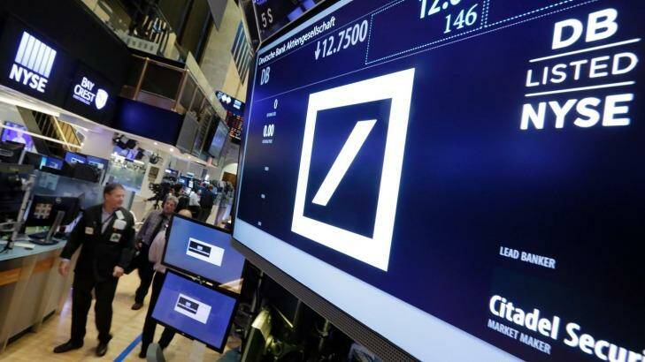 Deutsche Bank shares closed down 6.7 per cent at a record low of $US11.48 in New York. The bank's market value has fallen 63 per cent in less than a year.  Photo: Richard Drew