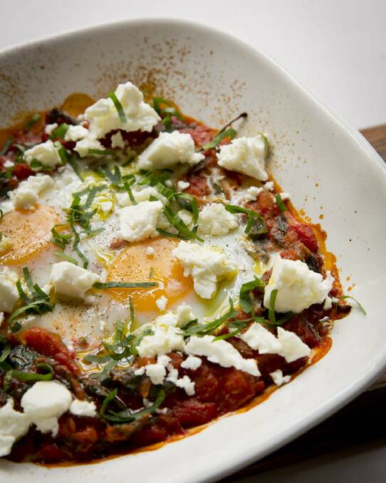 Frank Camorra's baked eggs, spiced tomato and feta <a href="http://www.goodfood.com.au/good-food/cook/recipe/baked-eggs-spiced-tomato-and-feta-20130917-2tw53.html"><b>(RECIPE HERE).</b></a> Photo: Marcel Aucar