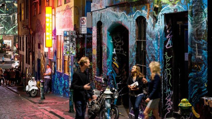 Enjoying the nightlife in Hosier Lane in Melbourne's CBD. Photo: Jesse Marlow