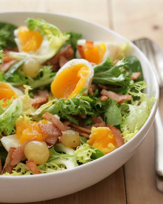 Salad with eggs, bacon and pickled onions <a href="http://www.goodfood.com.au/good-food/cook/recipe/egg-and-bacon-salad-20121123-29we5.html"><b>(RECIPE HERE)</b></a>. Photo: Marina Oliphant