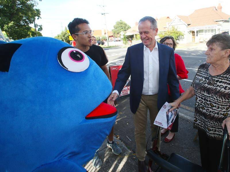 Bill Shorten has been accosted by a big blue fish asking where Labor stands on the Adani mine.