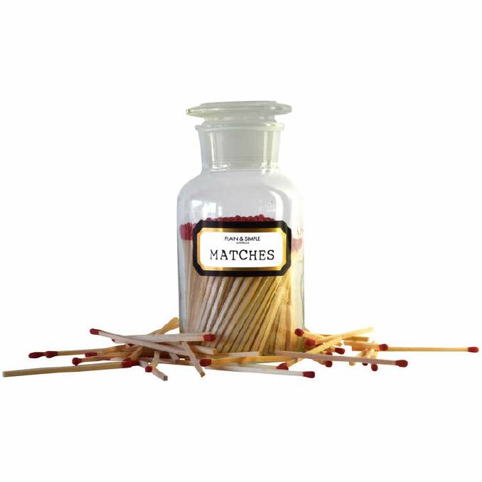 Elegant long matches double as table decoration when packaged in handblown apothecary bottles. $34.95, plainandsimple.com.au. Photo: Supplied