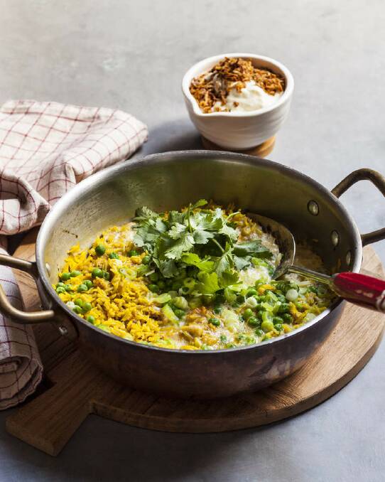 Karen Martini's quick curried rice with egg, spring onions and peas <a href="http://www.goodfood.com.au/good-food/cook/recipe/quick-curried-rice-with-egg-spring-onions-and-peas-20140226-33hk6.html"><b>(RECIPE HERE)</b></a>. Photo: Marina Oliphant