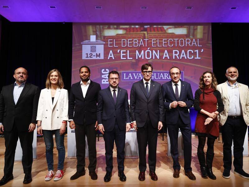 Candidates for Catalan regional elections at the start of a political debate in Barcelona. (EPA PHOTO)