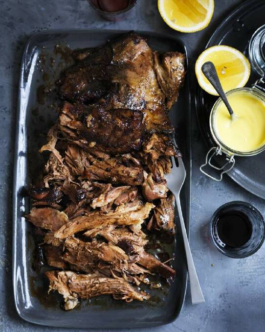 Neil Perry's slow-braised shoulder of lamb with aioli <a href="http://www.goodfood.com.au/good-food/cook/recipe/slowbraised-shoulder-of-lamb-with-aioli-20140514-389bp.html"><b>(recipe here).</b></a> Photo: William Meppem