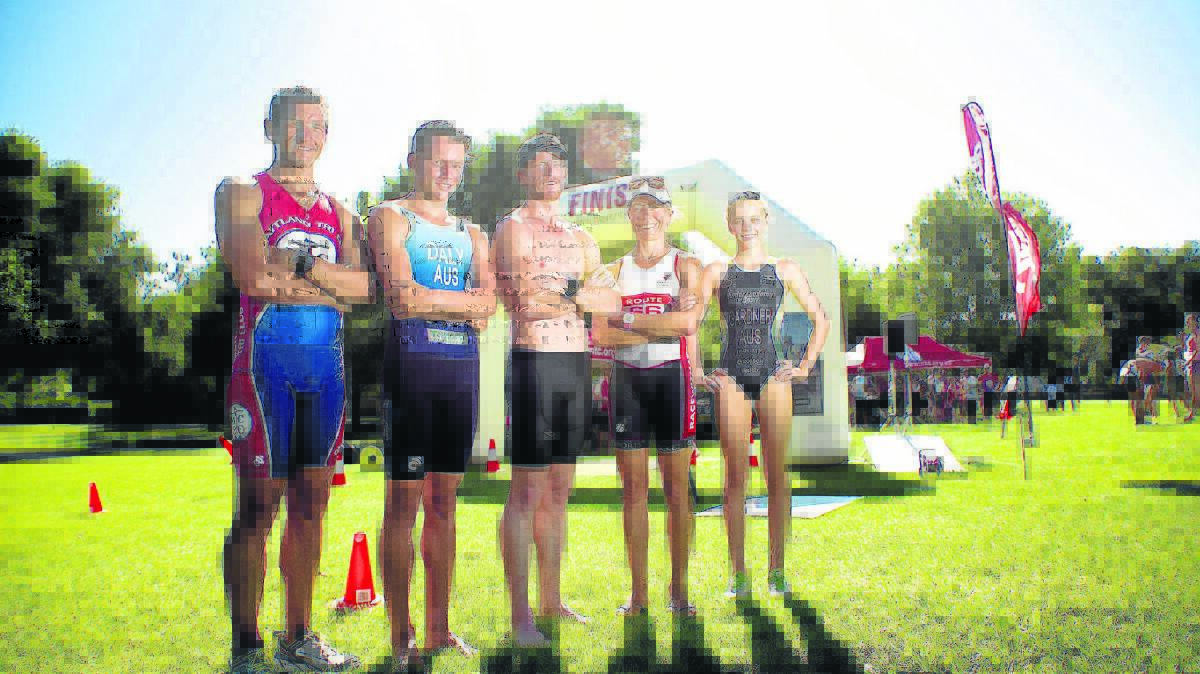 Kevin Picton, Izaac Daly, overall winner Ben Petersen, Nicky Weston and Sarah Gardner who shone during Maitland Triathlon Club’s  race at Maitland Park on Sunday. 