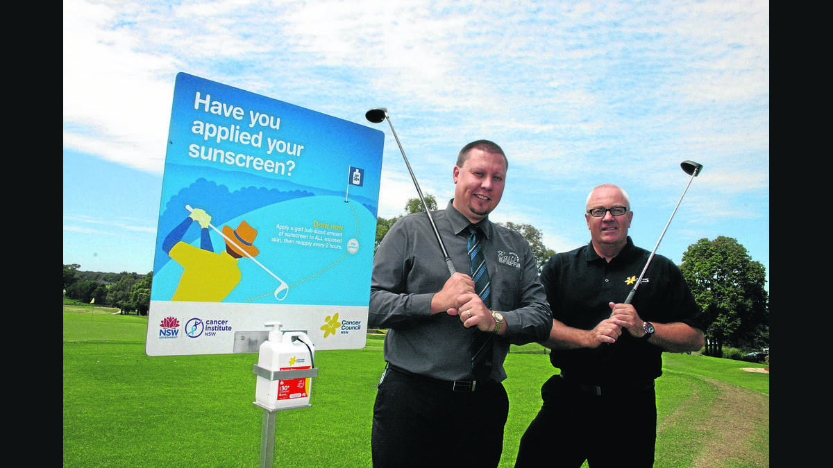 SUN SMART:  East Leisure and Golf Club manager Scott Driffield and NSW Cancer Council community programs co-ordinator Glen Parsons 	are carrying the month-long sun-skin safety campaign message to Maitland golfers from this weekend.	Picture by JOSH CALLINAN