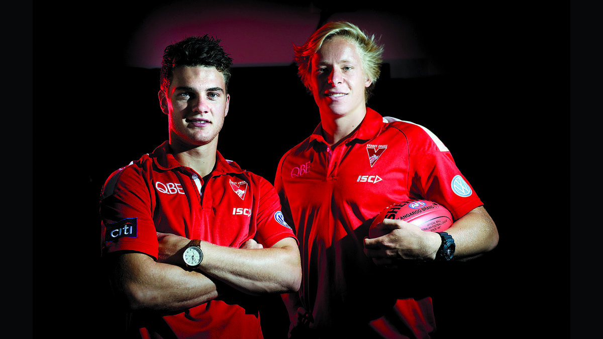 Tom Papley and Isaac Heeney visit the Maitland Mercury office. Picture by PERRY DUFFIN