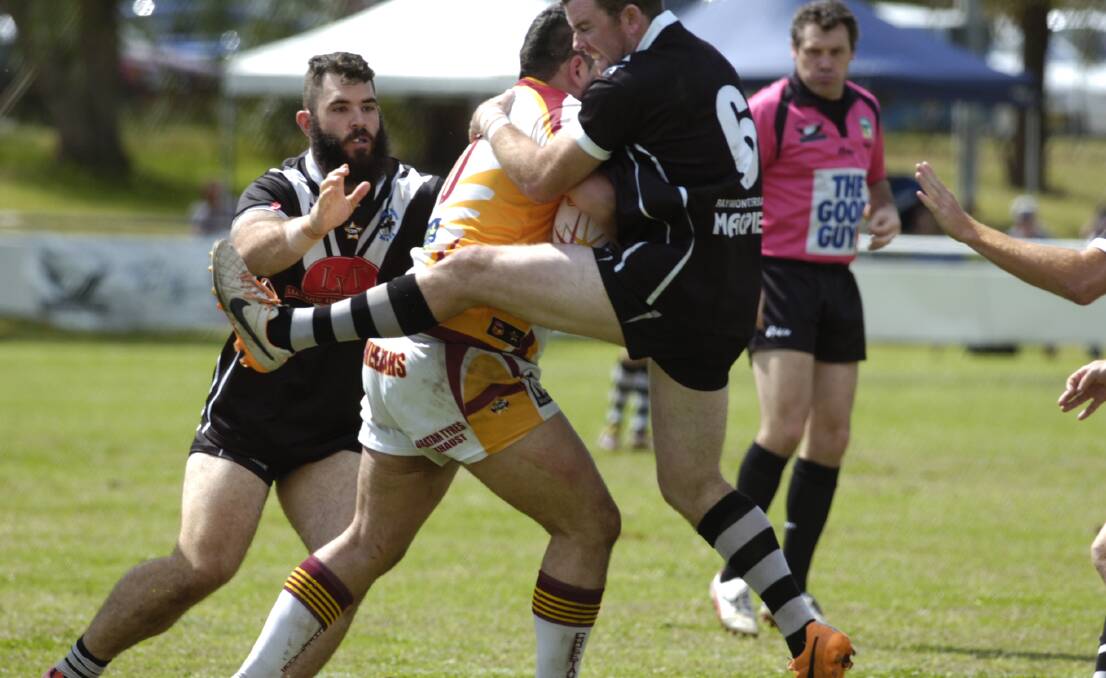Daniel Forbes (left) in action for the Raymond Terrace Magpies.