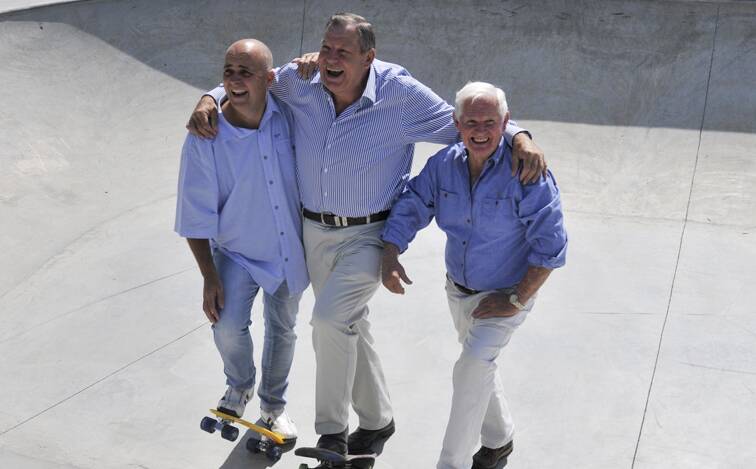 Port Stephens councillor Ken Jordan, mayor of Port Stephens, Bruce Mackenzie and Paterson MP Bob Baldwin try their luck on boards at the Wallalong skatepark.