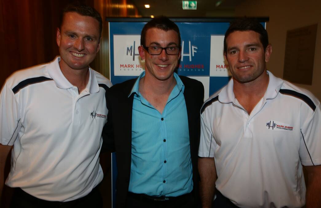 Mark Hughes with Mercury sports journalist Josh Callinan and Danny Buderus at the launch of the Mark Hughes Foundation. 