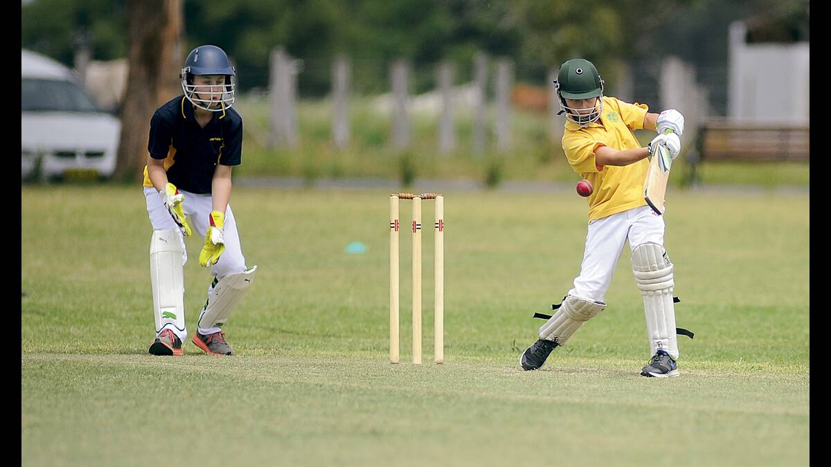 FRONT FOOT:  Thornton Public School’s Noah Green plays the ball square against Largs Public School.  				Picture by CATH BOWEN