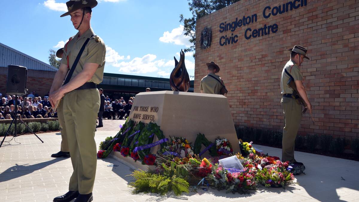 Anzac Day Singleton in front of the new internal flame at the Civic Centre. Picture: Singleton Argus