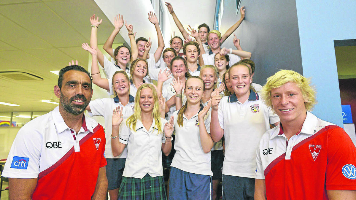 SWANS VISIT: Adam Goodes and Isaac Heeney visit St Peter’s. Picture by STUART SCOTT