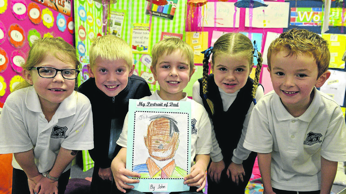 FROM MOUTHS OF BABES:  East Maitland Kindergarten students Gracie Bryson, Ed Slater, John Kirkman, Alycia Renahan and Ayden Eckford tell us why their dads are so special.  	Picture by STUART SCOTT
