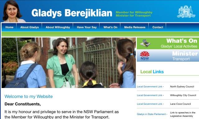 NO MENTION: There is no mention of Gladys Berejiklian being Minister for the Hunter on her website header.