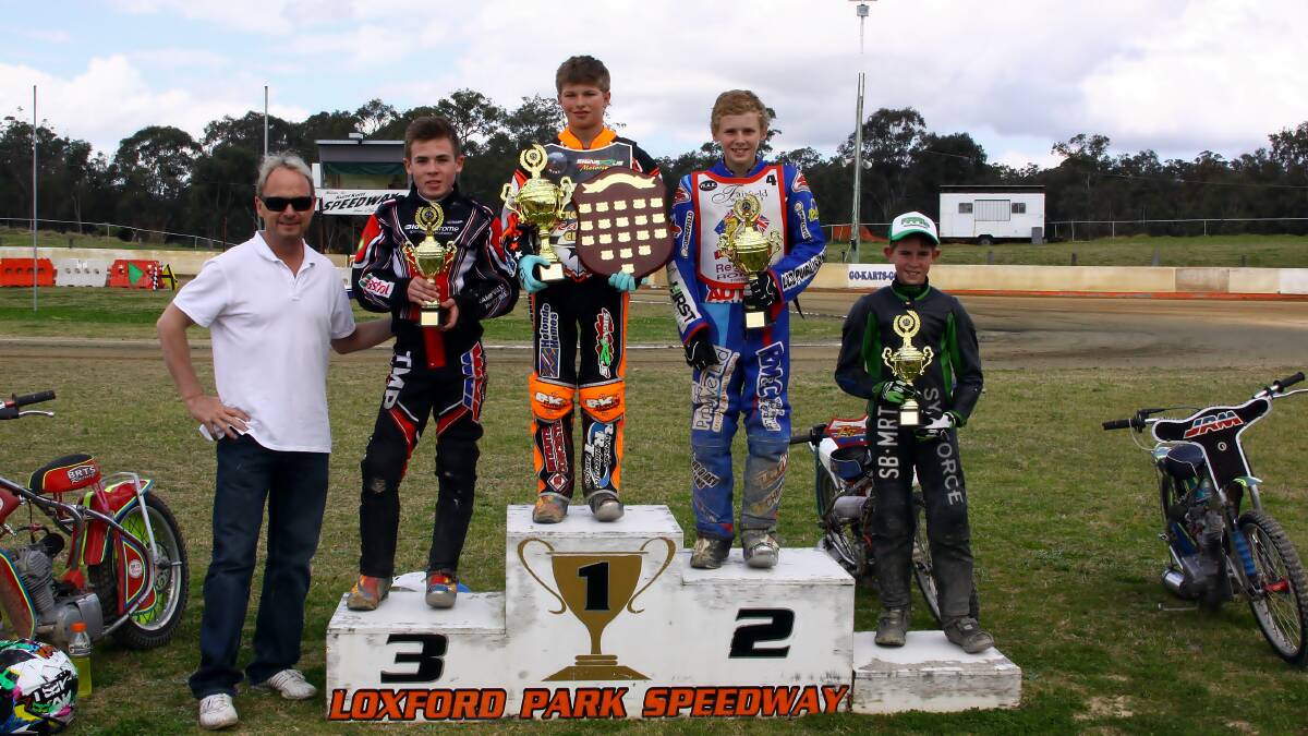 PODIUM: Todd Wiltshire with junior winner Matthew Gilmore, runner-up Jedd List, third Jimmy Jones and fourth Cordell Rogerson.  Picture by P & M Galloway.