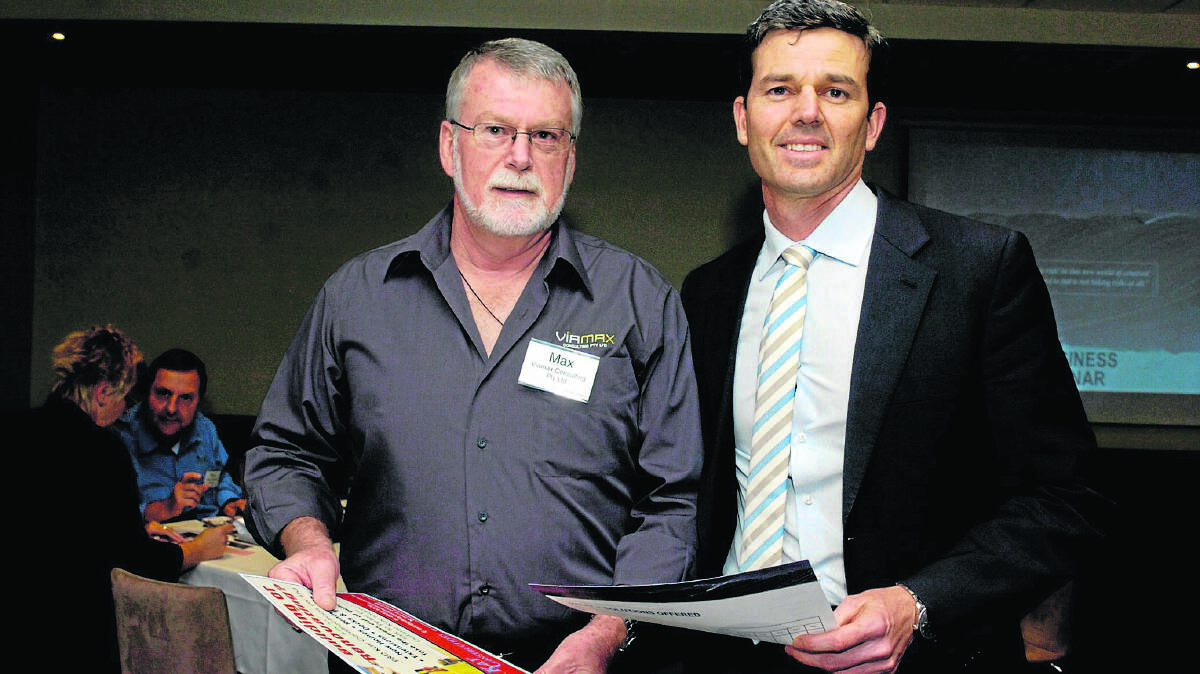 embracing risk:  Voamax Consulting Max Geyer with seminar presenter Damian Morgan. 	Picture  by STUART SCOTT