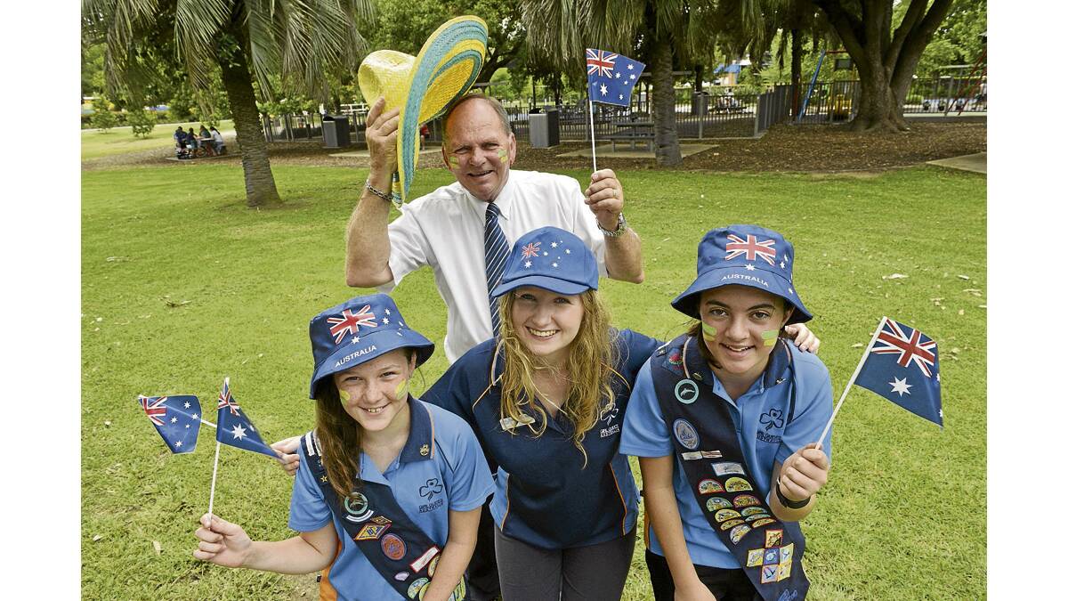 READY TO CELEBRATE:  Mayor Peter Blackmore with Maitland Guides Lily Radford and Morgan Clyne with (centre) Guides leader Charlotte Cochrane.   	Picture by STUARTS SCOTT 
