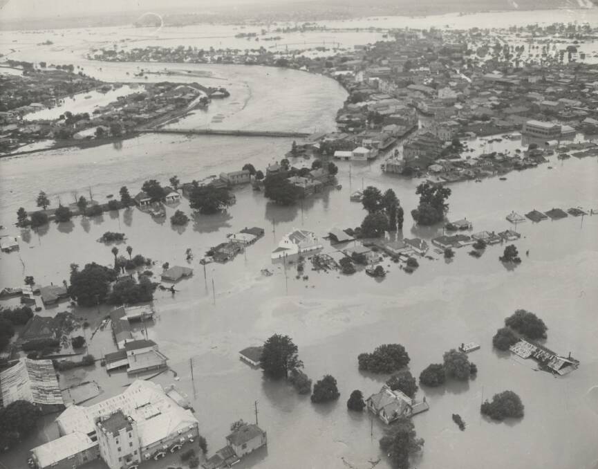 EVACUATIONS NECESSARY: An aerial view of Maitland during the 1955 flood.