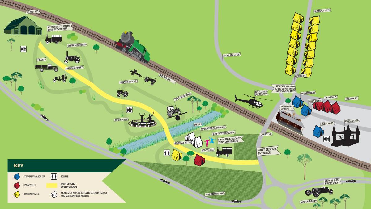 Burton Automotive Hunter Valley Steamfest map. For a full-size map grab a copy of the Maitland Mercury.