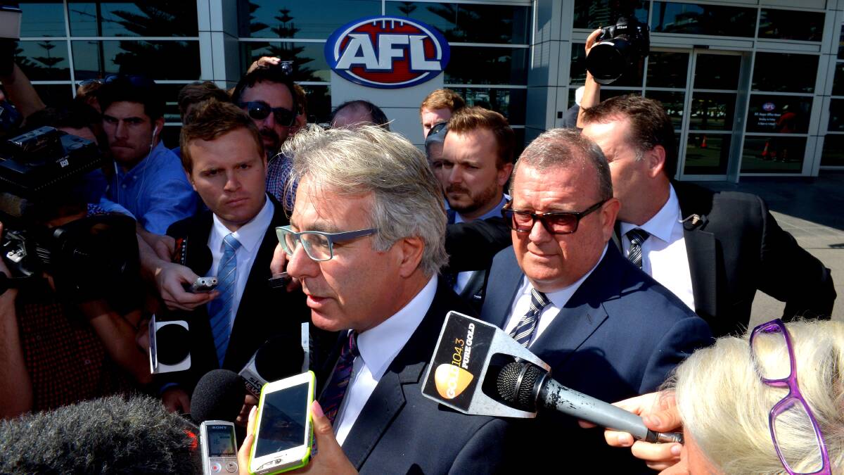 HUGE DECISION:  David Grace QC, who represented the Essendon players, speaks outside AFL house after the announcement of the not guilty verdicts. 	Picture by JOE ARMA