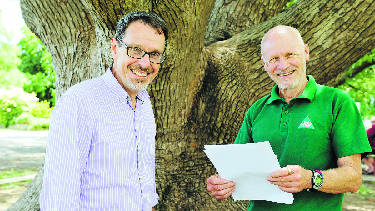 GREEN PLATFORM:  Greens MP John Kaye and Maitland Greens candidate John Brown.  		Picture by CATH BOWEN