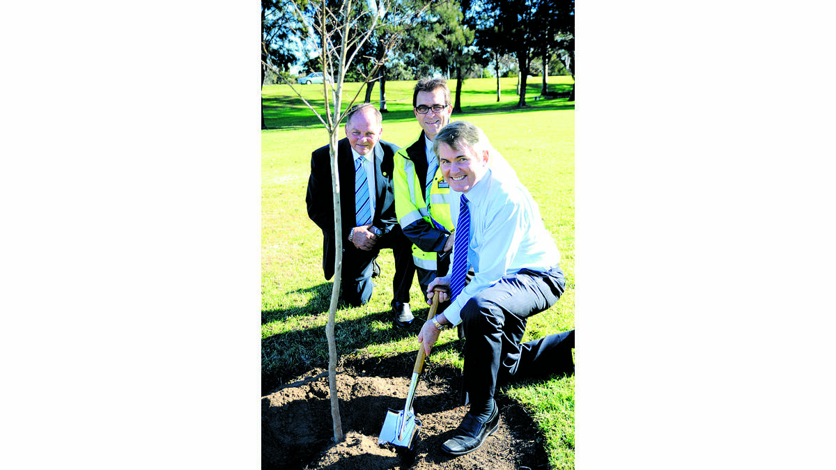 DIG IT: Don Page plants his tree with mayor Peter Blackmore and council general manager David Evans.